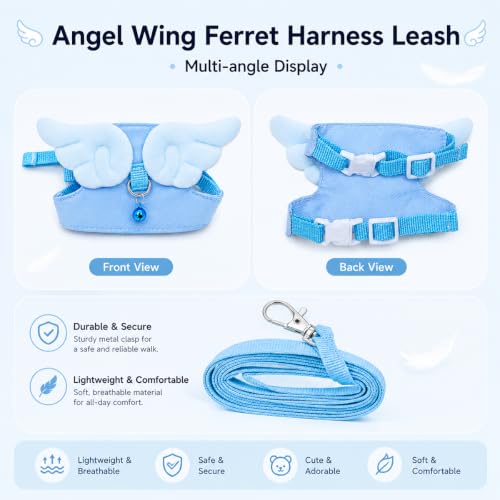 Ferret Harness and Leash Set for Adult Ferrets, Cute Angel Wing Small Animal Vest Harness, Adjustable for Ferrets Kittens Mini Dogs Blue1536-2 - color: Sky Blue