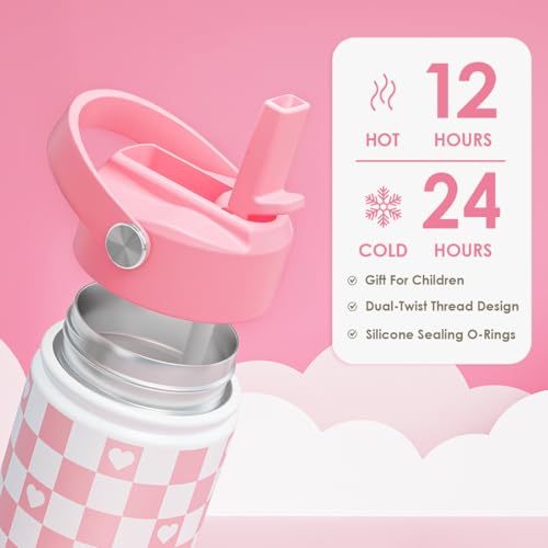 SANDJEST Checker Print Kids Water Bottle With Straw Lid 12oz Insulated Stainless Steel, Travel Tumbler, Pink Bow Gifts For Girls, Birthday, Christmas, Back To School - color: Checker 1