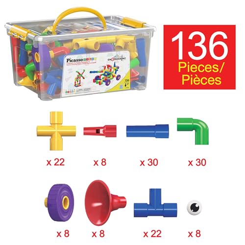 PicassoTiles PTT136 136pcs Tubular Pipes & Spout STEAM Interlocking Educational Building Block Set, Tube Locks, Pipeworks Construction Blocks w/Storage Container Box, Idea Book, Flute Musical Kit | 7 tube styles, easy-connect joints, idea guide, storage c