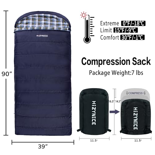 HiZYNICE Sleeping Bags for Adults XXL Cold Weather | 100% Cotton Flannel Winter Camping Large 90 x 39 in,Compression Sack Included - color: Navy Blue, size: 0F Right Zip