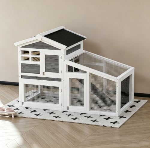 54" 2-Tier Wooden Rabbit Hutch with Run, Small Animal Cage with Removable Tray, Ramp, 6 Access Doors & Asphalt Roof, Weather-Resistant Bunny House for Rabbits, Guinea Pigs, Chinchillas, Gray & White - color: Gray