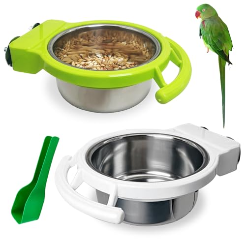 BNOSDM 2 PCS Bird Feeding Dish Cups with Perch Stand Hanging Stainless Steel Bird Bowls Food Container Food and Water Bowls with Spoon for Budgie Cockatoo Finch Lovebirds Pigeons (Green&White) - color: 2 Pcs Green & White