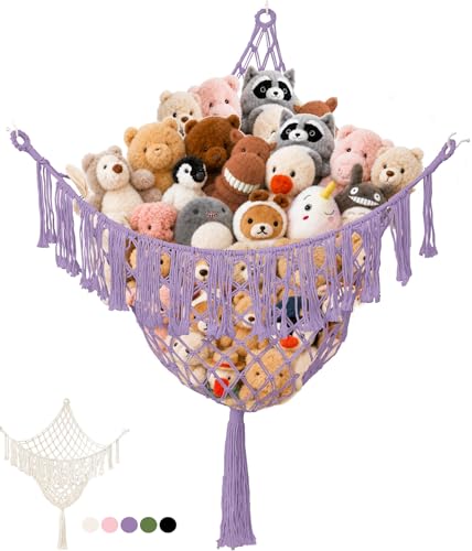 Lare Stuffed Animal Storage Hammock Corner Net - 45" W x 45" H (Lavender) | Cotton Boho Plushie Net - Room Christmas Decor for Teen Girls, Nursery Bedroom Playroom Dorm Decor (Patent Protected) - color: Lavender