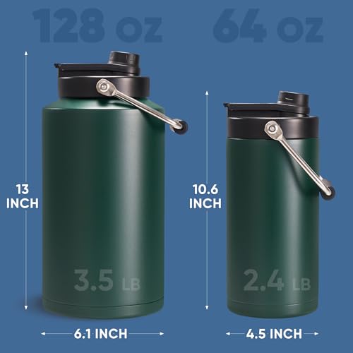 Fijinhom Half Gallon Insulated Water Bottle for Travel: 2-in-1 Straw and Spout Lid, Keep Cold 24Hrs, Leakproof, 64oz Water Jug With Handle, Vacuum Stainless Steel for Sports, Hiking, Trip(Green) - color: Green, size: 64 Ounces