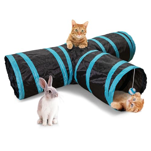 Cat Tunnel, 3 Way Cat Tunnels for Indoor Cats, Foldable Cat Tubes and Tunnels for Indoor Cats, Kitty Bored Peek Hole Toy Ball Cat, Puppy, Kitty, Kitten, Rabbit, Guinea Pigs (Blue & Black)