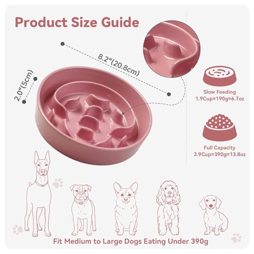 Ceramic Slow Feeder Dog Bowl, 1.8 Cups Anti -Slip Slow Feeding Bowl to Slow Down Eating, 8.2 Inch Dog Food Dish for Medium to Large Breeds, Pink - color: Pink, size: Medium