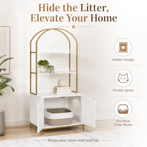 Homhedy Cat Litter Box Enclosure with 2-Tier Shelves, White and Gold | Litter Box Furniture Hidden, Indoor Cat House, Wooden Cat Washroom Furniture with Metal Frame, Modern Style - color: White and Gold