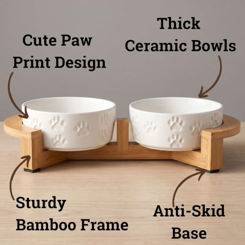 Ceramic Dog Bowl Set of 2, Anti-Skid Bamboo Stand, Elevated, 2 Cups Each | Thick Ceramic Food and Water Bowls Set of 2, Dishwasher Safe, Anti-Skid Rubber Base, 2 Cups per Bowl, Sturdy Bamboo Stand - color: White with Stand, size: Small