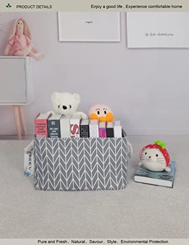 Rectangular Thick Collapsible Grey Chevron Storage Bin | Sturdy Thick linen EVA fabric,soft cotton rope handles, large chevron print for bedroom, closet, bathroom supplies - color: REC Thick Grey point