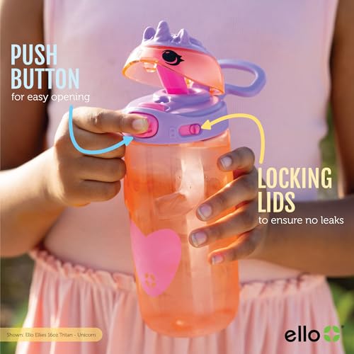 Ello Ellies 16oz BPA-Free Plastic Leakproof Kids Water Bottle, Dino | Animal shaped plastic kids water bottle with straw, leakproof locking lid, carry handle, & BPA-free design for school lunches - color: Dino, size: 16 Ounces