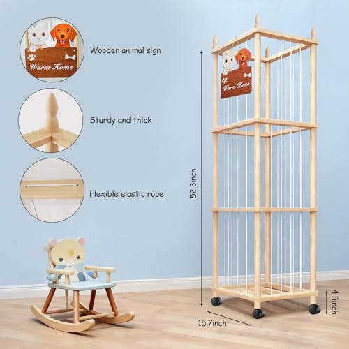 Large Stuffed Animal Storage with Cat & Dog Design, Wooden Stuffed Animal Zoo, Rolling Stuffed Animal Holder, Toy Storage Cage, Plushies Storage for Playroom Bedroom