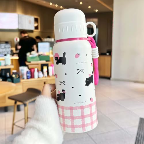 20oz Cat Stainless Steel Insulated Water Bottle | Double Wall Vacuum Tumbler, Leakproof, Dual Use Straight Drink & Straw Lid, Travel Office Outdoor - color: Strawberry Black Cat