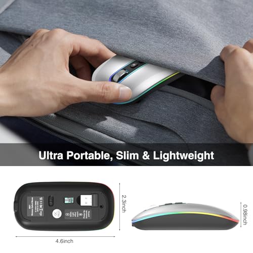 cimetech Rechargeable Wireless Mouse, Dual Mode Mouse-Grey | 2.4G & BT Slim Mouse for MacBook,Silent Click, 1600 DPI for Office Travel Mac Air Pro/PC/Laptop/Computer - color: Grey