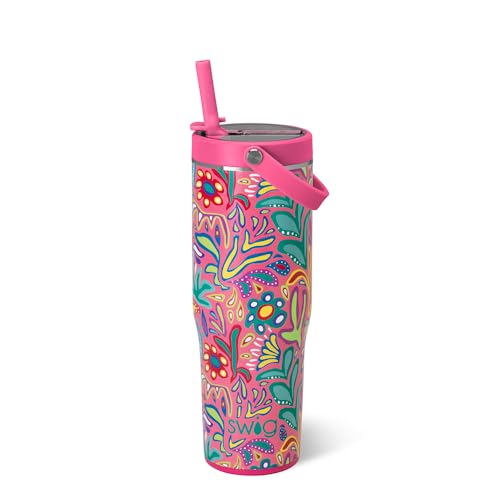 Swig Life 30oz Leakproof To-Go Tumbler with Handle, Flora Rosa | Leakproof Lid - Triple Insulated Stainless Steel - Handle & Straw Included - Cup Holder Friendly - Dishwasher Safe - color: Flora Rosa