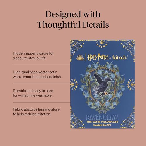 Kitsch & Harry Potter Satin Pillowcase W/Zipper - Size 19x36, Ravenclaw | Softer Than Silk Pillow Cases, Smooth Cooling Satin Pillow Case Perfect for Toddlers, Wrinkle-Free, and Machine Washable - color: Harry Potter - Ravenclaw, size: King (1 Pack)