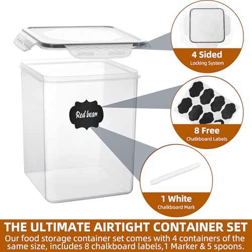 4pc 5.2L Large Airtight Plastic Canisters with Lids, Cups & Labels | 4pk 5.2L airtight containers block moisture. Stackable bins fit rice, flour and all baking pantry supplies - size: 4 pcs(5.2L)