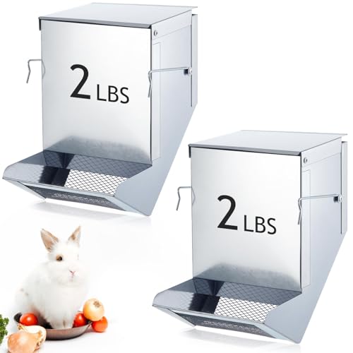 2 Pcs Rabbit Feeder for Cages Small Animal Food Pellet Dispenser with Lid Metal Chicken Grit Oyster Shell Squirrel Feeders Outside(4.7 Inches,Mesh Bottom,Silver) - color: Silver, size: 4.7 Inches, style: Mesh Bottom