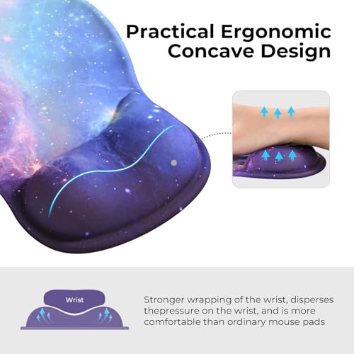 EooCoo Mouse Pad with Gel Wrist Rest, Ergonomic Mousepad Wrist Alignment | Middle Concave Design for Natural Wrist Alignment, Non-Slip Base Mousepad, Carpal Tunnel Relief, Office Desk Accessories - color: Galaxy Purple