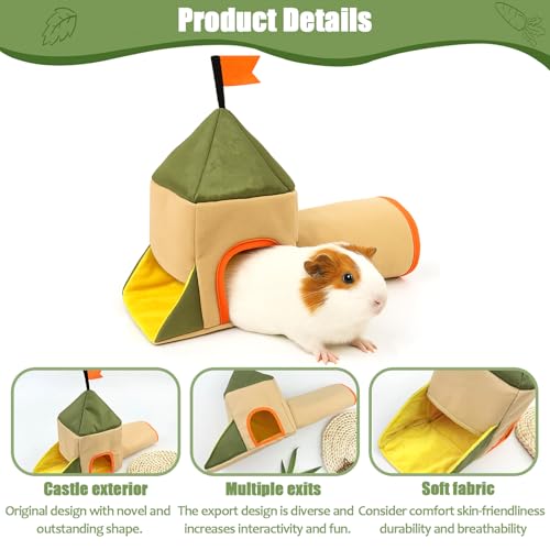 Guinea Pig Hideout and Toys, Castle Theme Small Pet Tunnel and Bed with Flag for Bunny Rabbit Ferret Hamster Chinchilla Hedgehog Hiding and Resting, 17.3in Long(Khaki)