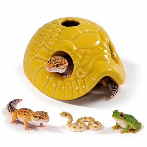 Snake Head Reptile Hide Cave, Yellow | Small Ceramic, Gecko Hideout with Water Reservoir, Mini Terrarium Decor, For Juvenile Snake, Lizard, Frog - color: Yellow