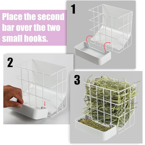 Rabbit Hay Feeder Guinea Pig Hay Feeder, Hay and Food Holder with Hook Heavy-Duty Metal Frame Hay Rack，for Bunny, Guinea Pigs,Chinchillas， Comes with Two Multifunctional Zippers-6.8x6.7x6.6inch - color: White, size: 1 piece Small
