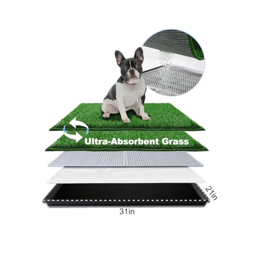 HQ4US Dog Grass Pad with Tray, Odor Free Grass Pee Pad for Dog Litter Box | Medium Dog Potty Tray with Grate, Artificial Grass Fast Drainage, Hemmed Edge, Realistic, Fake Grass for Indoor Balcony - size: M - 31" x 21" for Dog＜ 26'' Length