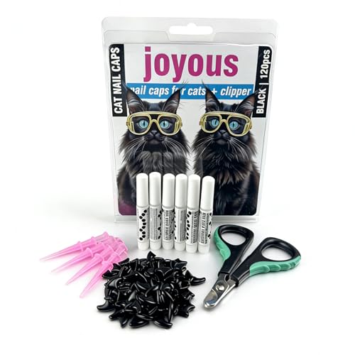 joyous 120pcs Black Kitten Cat Nail Caps Original Factory Set with Cat Nail Clipper-Soft Paws Cat Claw Covers for Indoor Kitty, Anti-Scratch and Protects Furniture & Skin, Cat Nail Covers (M) - size: M
