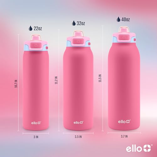 Ello Pop & Fill Insulated Stainless Steel Water Bottle with Quick Fill Lid, Leakproof Locking, Sip or Chug Spout, BPA-Free, Double Wall Vacuum Insulated for Sports, Travel & School- 22oz / 32oz / 40oz - color: Cherry Breeze, style: 22oz