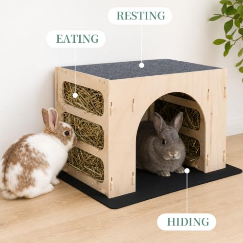 Wood Bunny House Hideout–15.7" Large Rabbit Hideout with Hay Feeders, Indoor Bunny House for Rabbits, Wooden Guinea Pig Hideout, Small Animal Habitat Decor with 2 Washable Pads