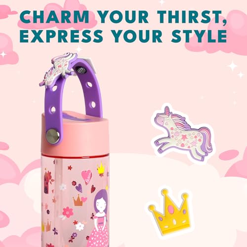 Elemental Water Bottles for Kids - Splash Kids Water Bottle for School with Fun Charm Handle - BPA Free Tritan Plastic Bottle with Straw Leak Proof When Spout is Closed - 18oz - Princess Dream - color: Princess Dream