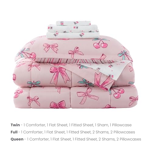 Berkshire LIG Printed Reversible Microfiber Comforter Set–5-Piece, Ultra Soft All-Season Bedding, Wrinkle & Fade Resistant, Twin, Cherry Bows Blush - color: Cherry Bows Blush, size: Twin