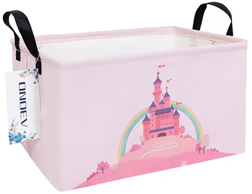 Rectangular Pink Castle Princess Closet Bedroom Storage Bin | Waterproof stain-proof cotton canvas, reinforced side grips, fairy castle print for girls, daily sundry arrangement - color: REC Pink Castle