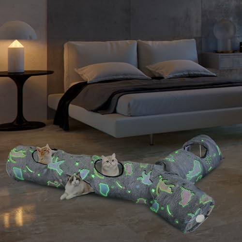 Cat Tunnels for Indoor Cats, Self-Luminous Cat Tunnel with Plush Ball, 3 Way Kitten Tunnel Collapsible, Cat Play Tunnel with Interactive Peephole for Large Cat, Puppy, Kitten - color: 59"-Self-Luminous