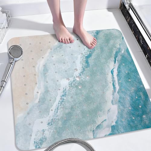 Beach Square Anti Slip Shower Mats for Inside Shower Accessories, Cute Bath Mats for Bathroom Non Slip Shower Floor Mat Sea Decor Rubber Bathmat with Suction and Drain Holes Machine Washable, 21″X21″ - color: C03, size: 21" x 21" (Square)