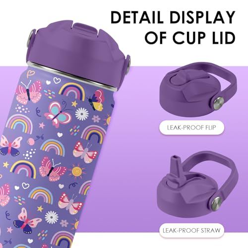 Kids Water Bottle 16oz Purple Water Bottle with Straw, Butterfly (1pc) | Girls Stainless Steel Water Bottle BPA-Free Leak Proof Insulated Water Bottle Butterfly Gifts for Girl School Travel Birthday - color: Butterfly1, size: 16 Ounces