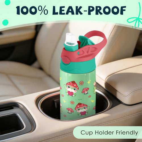 Frog Mushroom 12 oz Water Bottle with Straw – Kids Stainless Steel Vacuum Insulated Cup, Leakproof Pop-Up Spout, Reusable Travel Mug for Boys and Girls Outdoor Sports - color: Frog1