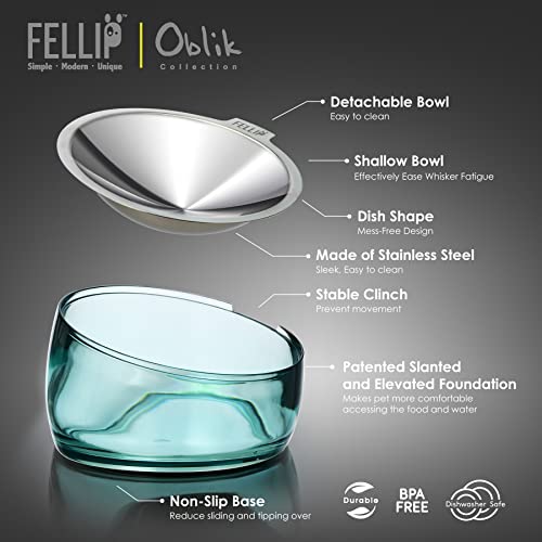 Felli Oblik Elevated Cat Bowl Removable Stainless Steel Wide Dish for Dry Wet Food Feeding & Dishwasher Clean, Slanted Whisker Fatigue Friendly Metal Plate (Classic, 0.5 Cups Shallow Dish) - color: Classic, size: 0.5 Cups Shallow Dish