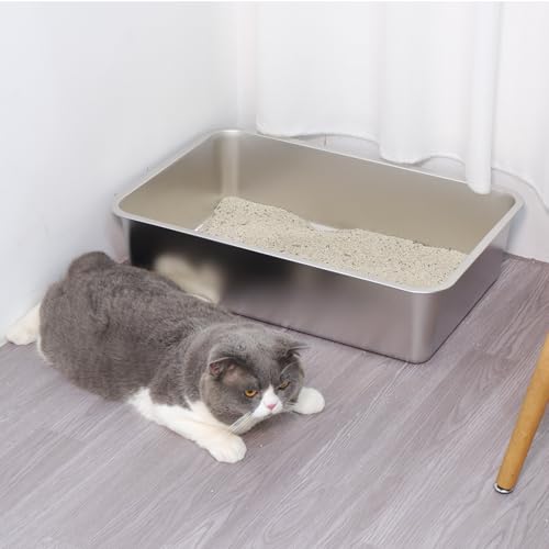 Stainless Steel Litter Box 2 Pack,XL Metal Litter Box for Big Cats | High Sided Litter Box Adult Big Cats,Cat LitterBox Metal Pet Toilet Easy to Clean,Non Stick, No Smell,23.6"x15.8"x6" - color: 2pcs - 23.6" L x 15.7" W x 6" H