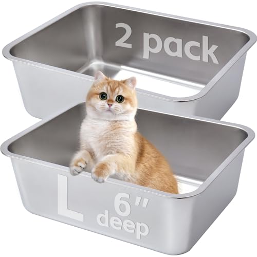 Stainless Steel Litter Box 2 Pack，Metal Litter Box,Cat Litterbox | Easy to Clean，Supplies for Kitten, Kitty, Medium Cat，Rabbit, 6" High Side Stainless Steel LitterBox, No Smell - color: 2packs-L-6" H