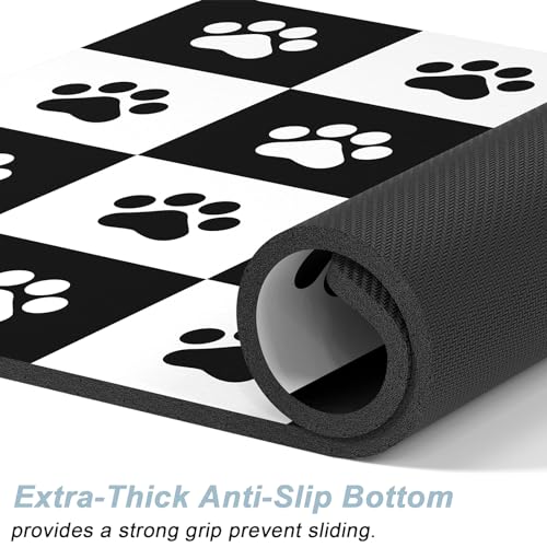 Rnivvi Dog Food Mat, 12" x 19" Footprint Absorbent Dog Cat Bowl Mat for Food and Water, Cute Anti-Slip Rubber Pet Feeding Rug Protect Floors, Puppy Placemat for Feeding & Watering Supplies,Black White - color: A-Black White Footprint, size: 12"x19" (Regul