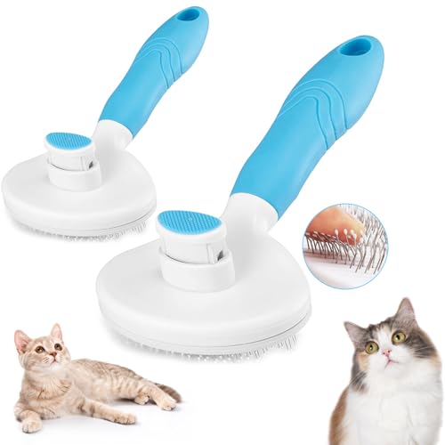 Self Cleaning Slicker Brush - Cat Brush Skin-Friendly Deshedding Grooming Massaging Tool for Long & Short Haired Pets, Cat Hair Brushes Removes Undercoat for Dogs Cats Rabbits-UPGRADED (2Pack Blue) - color: 2Pack Blue