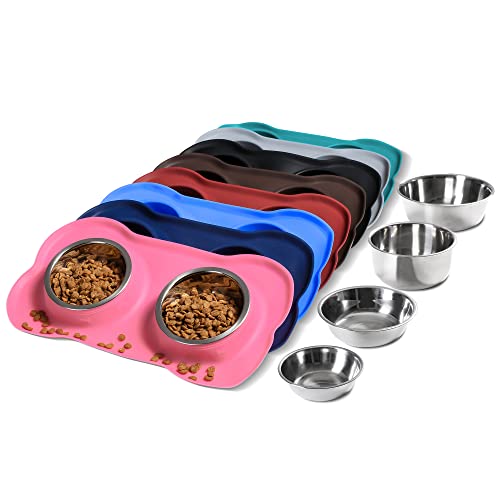 Hubulk Pet Dog Bowls 2 Stainless Steel Dog Bowl with No Spill Non-Skid Silicone Mat + Pet Food Scoop Water and Food Feeder Bowls for Feeding Small Medium Large Dogs Cats Puppies (S, Pink) - color: Pink, size: Small