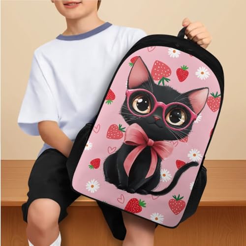 Elegant Cat Girls Bookbag with Lunch Box Adjustable Water Bottle Cover and Floral Pencil Case 4-6 Years Old Kids 4 in 1 Set 6Th Grade Lightweight Backpack for School/Sports - color: Elegant Cat