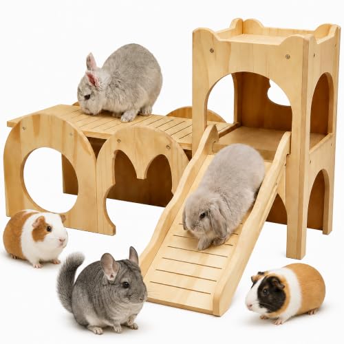Large Bunny Hideout Wooden Bunny House with Ramp Rabbit Castle(Set of 3) | solid wood guinea pig hideout chinchilla house with detachable panels,rabbit hide with ramp hideaways and climbing areas - style: Set of 3