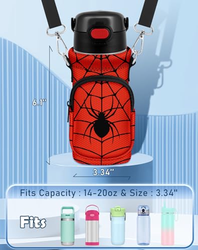 Water Bottle Carrier with Strap for Kids, 14-20 oz | Insulated, Neoprene Water Bottle Holder Bag with Pocket, Cute Cartoon, Bottle Bag for boys and girls, Walking Hiking Camping - color: Black Spider