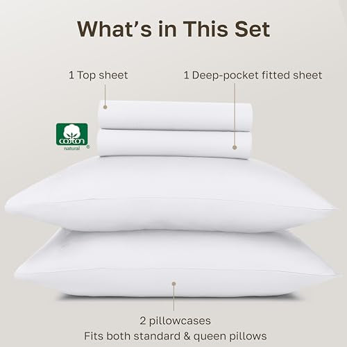 California Design Den Certified 100% Egyptian Cotton Queen Sheets, White | Backed by Good Housekeeping Seal, Light & Airy Soft Sateen, 16" Deep Pocket, All-Around Elastic, Durable, Easy Care 4pc Set - color: Bright White, size: Queen