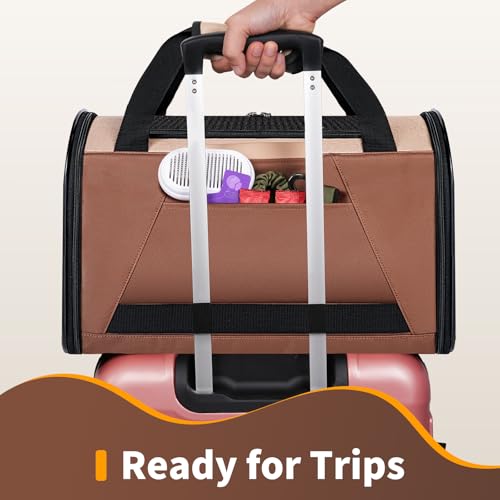 Collapsible Small Pet Carrier for Cat 15 lbs with Fashion Pocket Travel Bag | Lightweight Sturdy Little Puppy Dog Carry Crate, Breathable Stylish Kitten Soft Cage Kennel, Portable Yorkie Box Khaki - color: Khaki