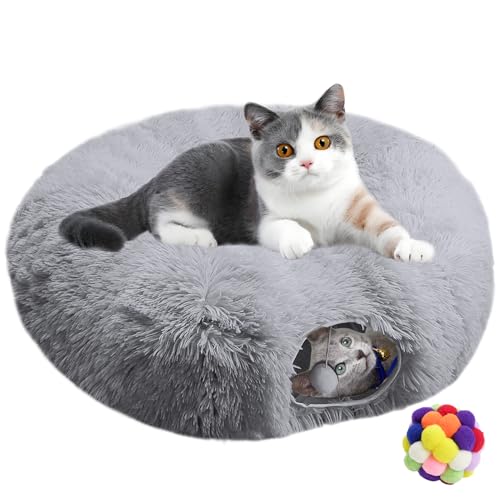 Indoor Cat Tunnel Bed with Central Mat, Under Christmas Tree Soft Fluffy Plush Collapsible Multi-Combinations Cat Donut Bed for Cats, Rabbits, Ferrets, Small Animalls(Gray) - color: Grey