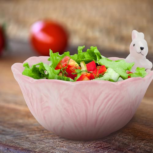 Yardwe Pink Ceramic Bunny Bowl, 5.9 Inch Cabbage Leaf Shaped Rabbit Dish for Easter Candy Dessert Snack, Cute Porcelain Animal Cereal Soup Serving Bowl for Home Kitchen Table Decoration