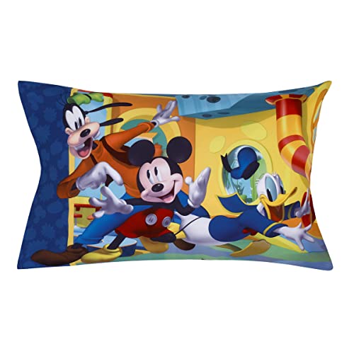 Disney Mickey Mouse Funhouse Crew Blue, Red and Yellow, Funny, Donald Duck, Goofy and Pluto 4 Piece Toddler Bed Set - Comforter, Fitted Bottom Sheet, Flat Top Sheet, and Reversible Pillowcase